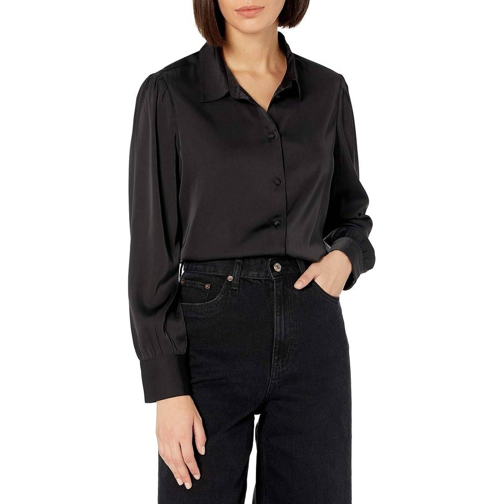 The Drop Women's Lucyswhims Black Satin‎ Button Up Long Sleeve Blouse Size XS